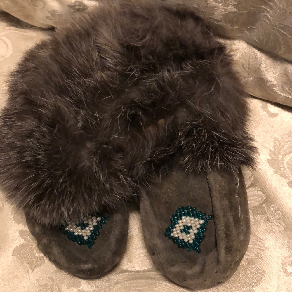 Child/Baby moccasins grey beaded handmade leather rabbit fur warm liner - #215